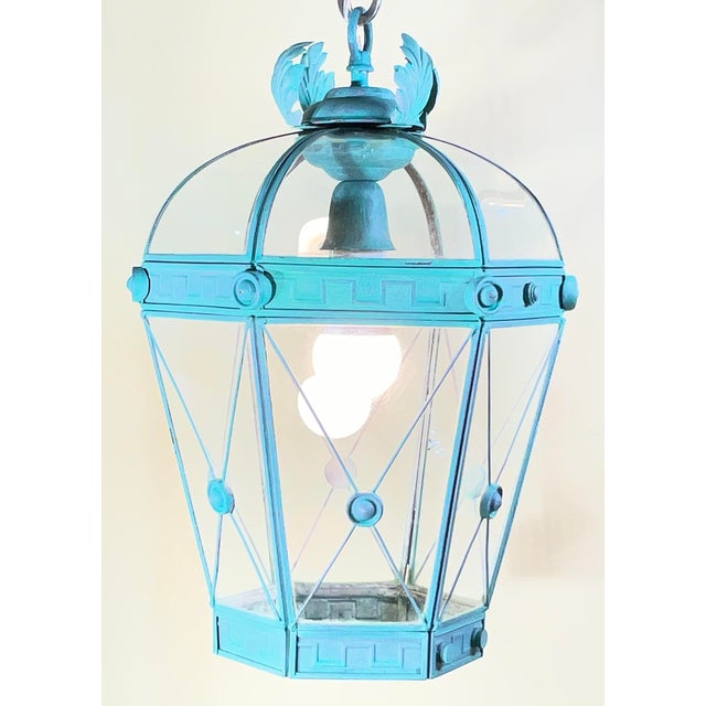 Vintage Style Solid Brass Verdigris Hanging Lantern - Restored & Rewired For Sale In Miami - Image 6 of 13