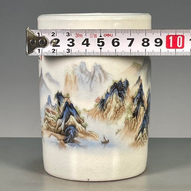 Late 20th Century Famille Rose Crackle Glaze Porcelain Brush Pot With Landscape Scene For Sale - Image 5 of 9