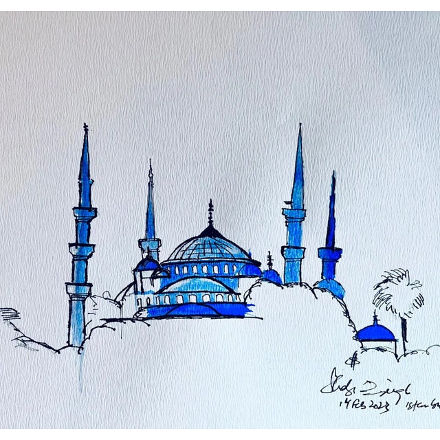 "Blue Mosque" Contemporary Original Architectural Drawing by Shabs Beigh For Sale
