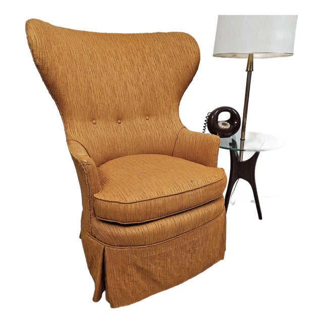 Mid Century Modern Wingback Orange Chenille Chair For Sale