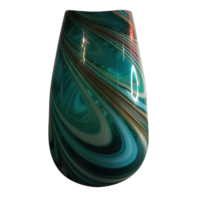 1980s Green Swirl Art Glass Decorative Vase For Sale