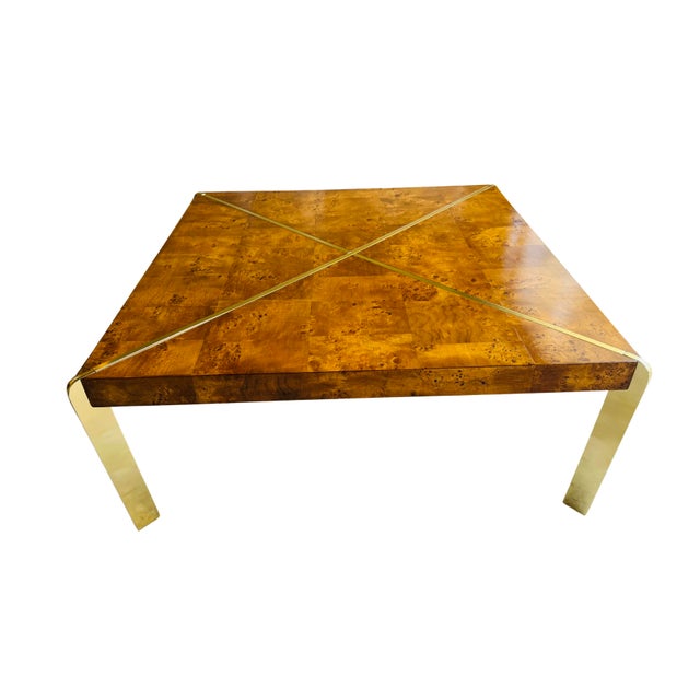 Mid-Century Modern Vintage 1970s Burl Wood & Brass Coffee Table | Hollywood Regency Milo Baughman Style | Parquet Burl Cocktail Table For Sale - Image 3 of 16