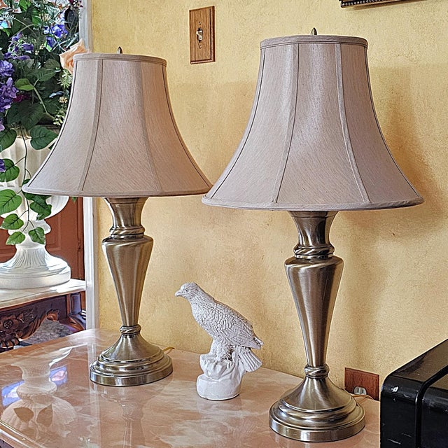 Pair of Vintage Stiffel Brushed Brass Table Lamps With Original Markings, Hollywood Regency Style For Sale - Image 13 of 18