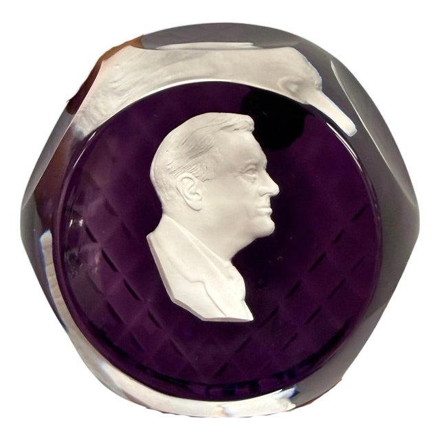 Late 20th Century Cristal d'Albret France Franklin D Roosevelt Sulphide Paperweight Faceted Purple For Sale