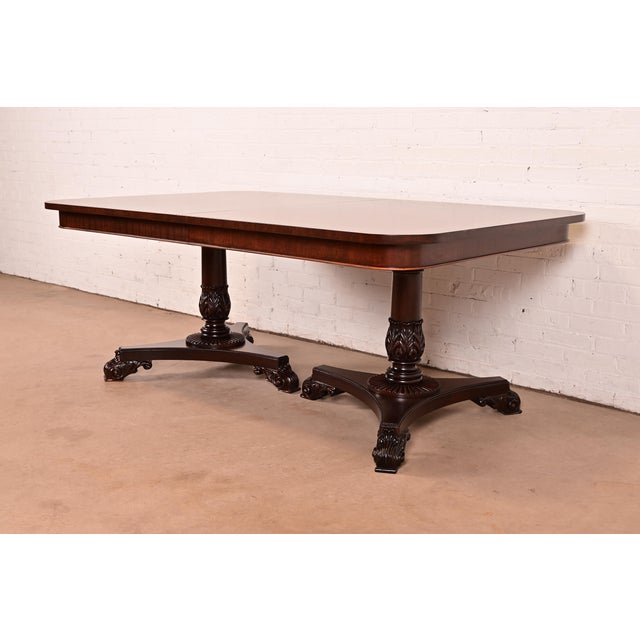 Baker Furniture Regency Banded Mahogany Double Pedestal Extension Dining Table, Newly Refinished For Sale - Image 12 of 17