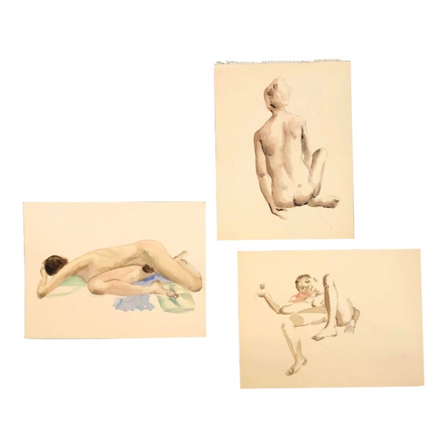 Gallery Wall Collection 3 Original Vintage Female Nude Watercolor Paintings For Sale