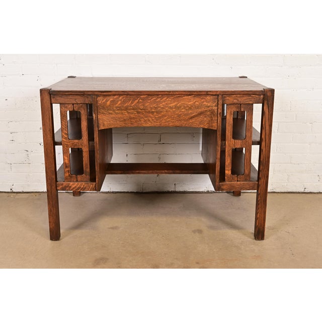 Stickley Brothers Style Antique Mission Oak Arts & Crafts Desk With Built-in Bookcases, Circa 1900 For Sale - Image 10 of 11