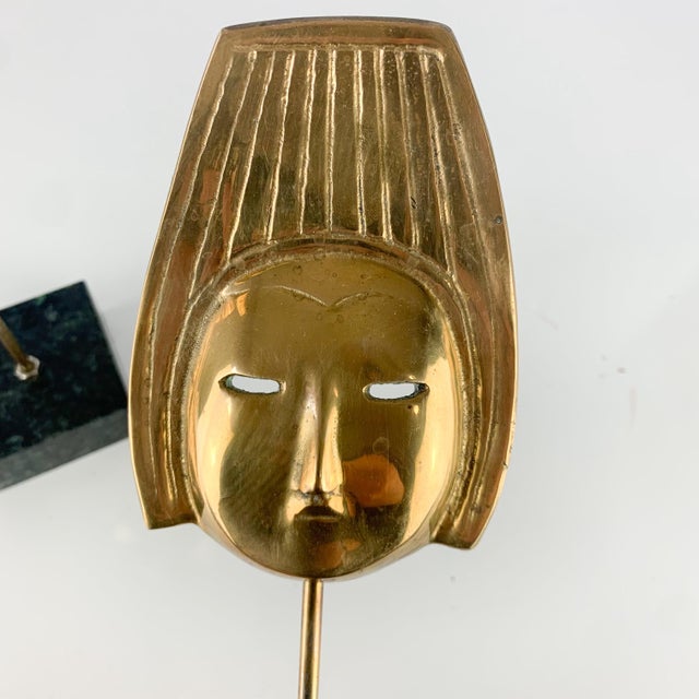 Mid 20th Century Mid 20th Century Pair Vintage Polished Brass Mid Century Asian Mask Buddha Head on Marble Base For Sale - Image 5 of 10