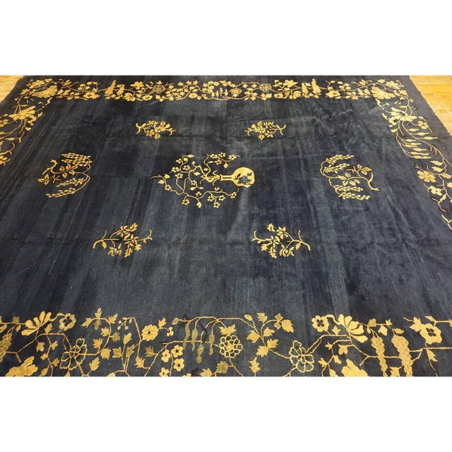 Navy Blue Vase Floral Deco 1920s Antique Chinese Peking Room Size Knotted Rug For Sale - Image 9 of 10