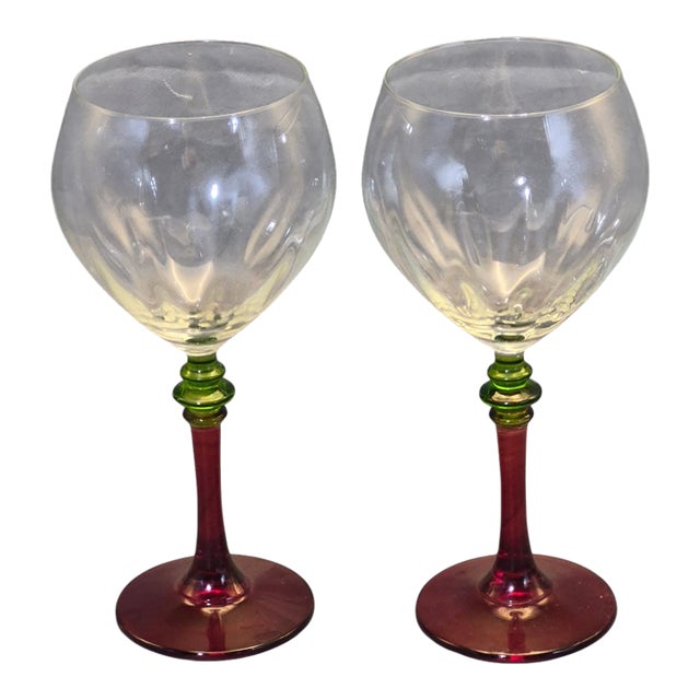 Late 20th Century Italian Festivo Wine Glasses Red & Green Stem - Pair For Sale