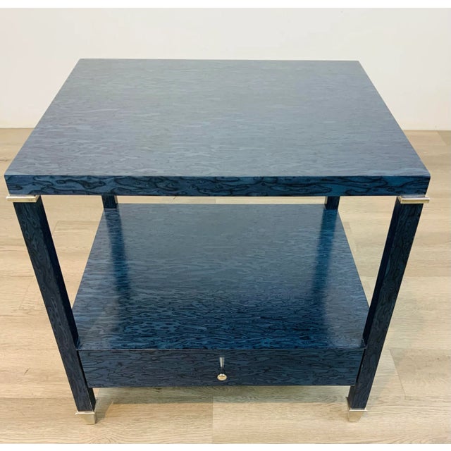 Original Retail $1950, stylish Bungalow 5 Modern Blue Burl Wood Finished Alessandra Side Table, one drawer silver finished...