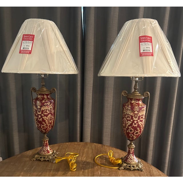 Pristine Mid 20th Century Japanese Moriage Porcelain & Brass Tall Lamps For Sale - Image 4 of 13