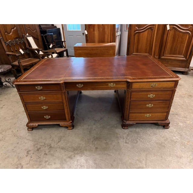 Mid-20th Century Chippendale Style Mahogany Partners Executive Desk With Embossed Leather Top, Circa 1950s For Sale - Image 9 of 18