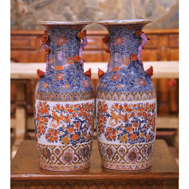 Asian Pair of Early 20th C. Asian Imari Porcelain Vases With Floral and Bird Motifs For Sale - Image 3 of 11