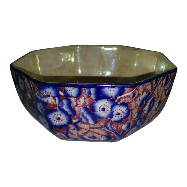 1950's Stoke on Trent Majolica 8-Sided Blue Floral Lusterware Bowl For Sale