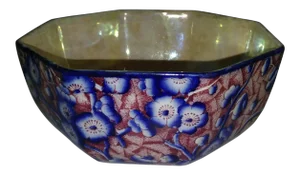 1950's Stoke on Trent Majolica 8-Sided Blue Floral Lusterware Bowl