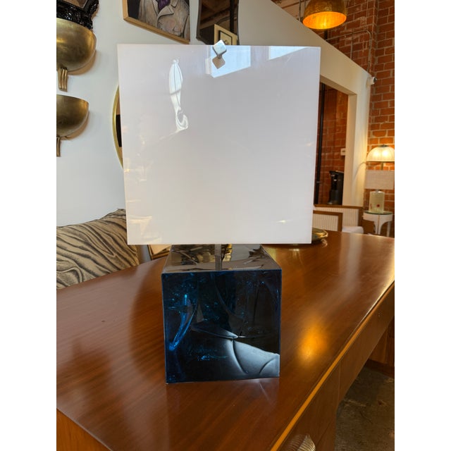 Table Lamp With Blue Murano Glass Base and Acrylic Shade, 1970s For Sale - Image 9 of 9