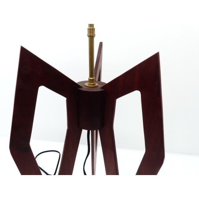 Wood Large Sculptural Tripod Lamp in Stained Wood with Compass-Shaped Lines, 1960s For Sale - Image 7 of 11