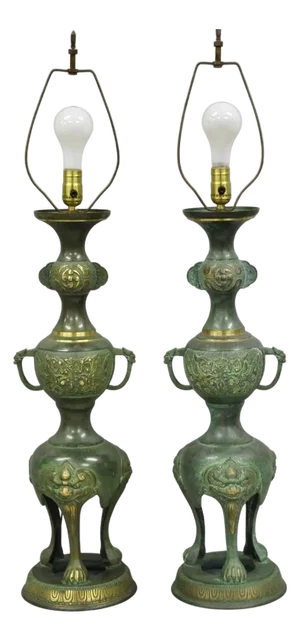 Early 20th Century Chinoiserie James Mont Style Green Bronze Chinese Foo Dog Table Lamps - A Pair