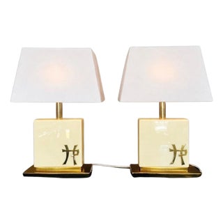 Table Lamps in Cream Lacquer and Brass by Jean-Claude Mahey, 1970s, Set of 2 For Sale