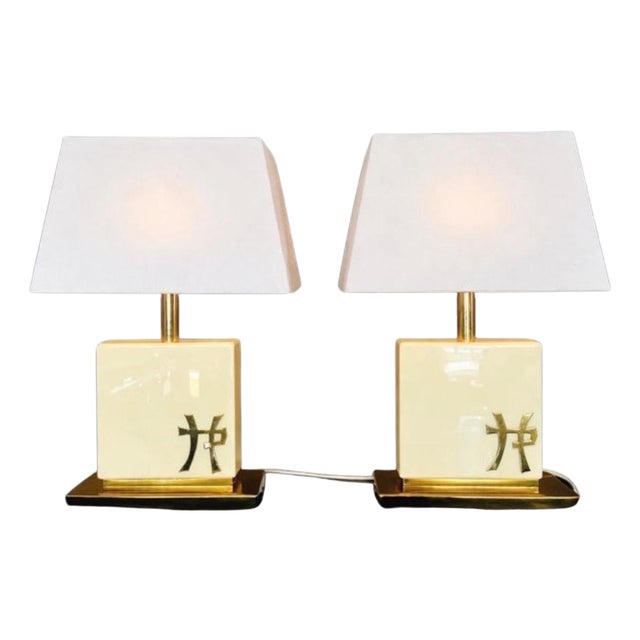 Table Lamps in Cream Lacquer and Brass by Jean-Claude Mahey, 1970s, Set of 2 For Sale