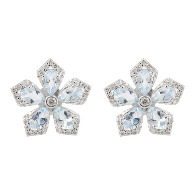 1.65ct Aquamarine Floral Art Deco Cluster Earrings for Her in 18k Gold- 2 Pieces For Sale