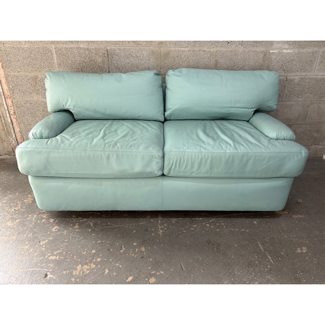 Postmodern Postmodern Teal Leather Loveseat by Directional Furniture. Circa 1980s. For Sale - Image 3 of 18