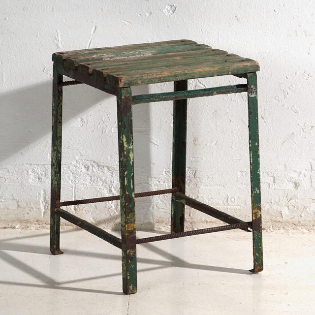 Wood Antique Industrial Stool in Pine Wood and Iron, Central Europe, 1950 For Sale - Image 7 of 7