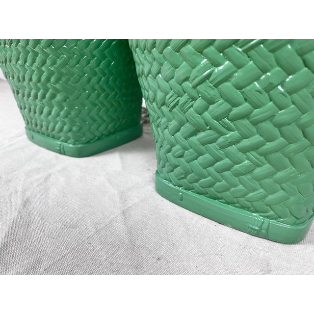 Sculpture Materials Vintage Newly Lacquered Green Woven Basket Weave Style Lamps- A Pair For Sale - Image 7 of 7