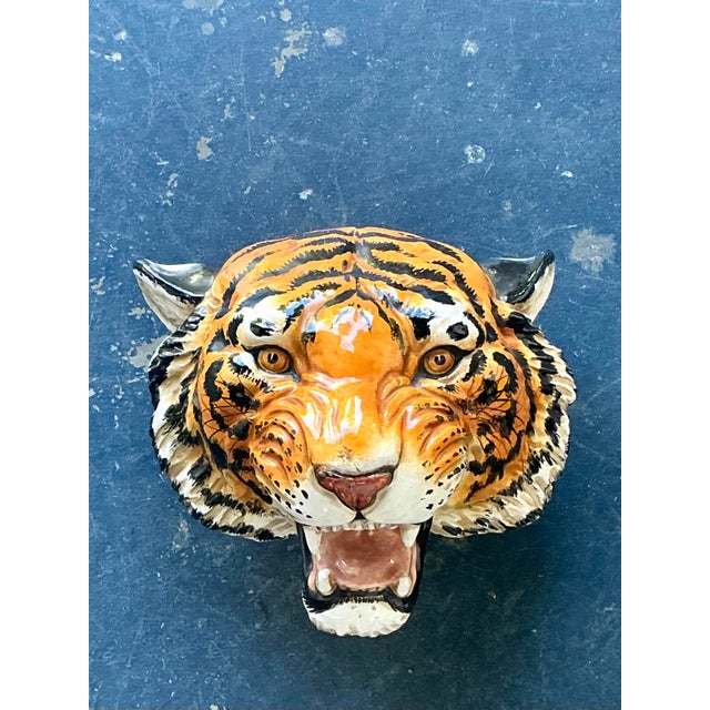 Mid-Century Modern Vintage Boho Glazed Ceramic Wall Tiger For Sale - Image 3 of 11