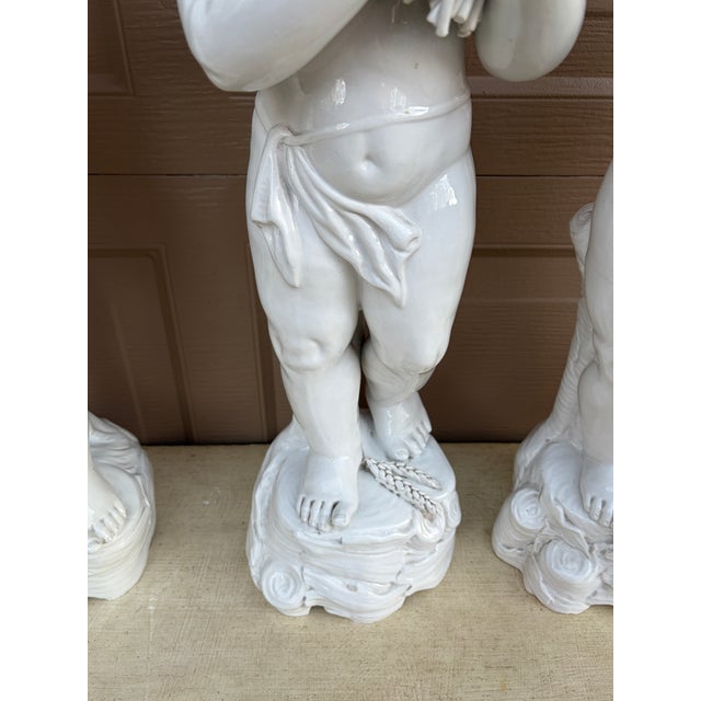 Mid 20th Century Neoclassical Italian White Porcelain Allegorical Cherub or Putti Statues of the Four Seasons, Set of 4 For Sale - Image 12 of 18