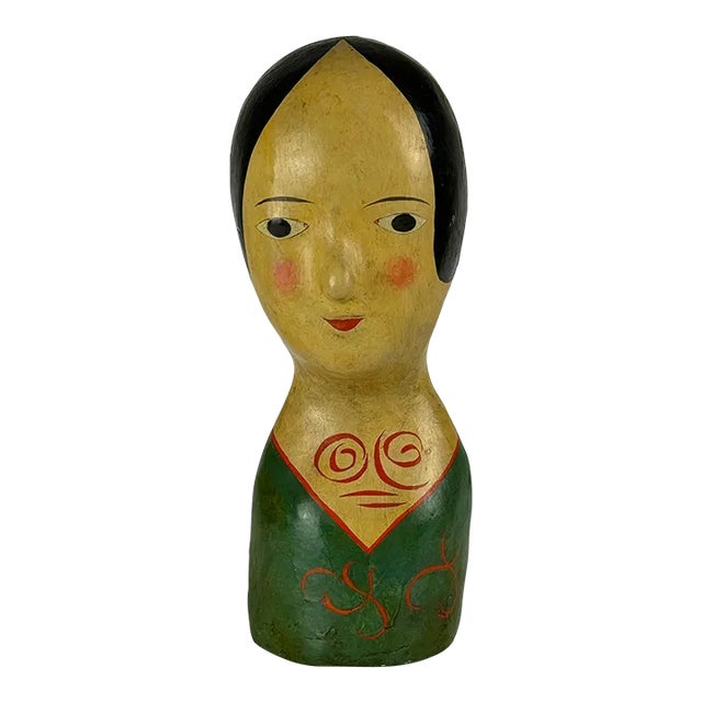 Mid 19th Century French Marotte/Milliner Mannequin Bust in Green Dress & Black Hair For Sale