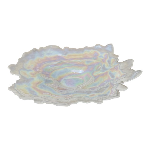 1970s Don Shepherd Style Iridescent Icescape Lettuce or Oyster Art Glass Centerpiece Bowl For Sale
