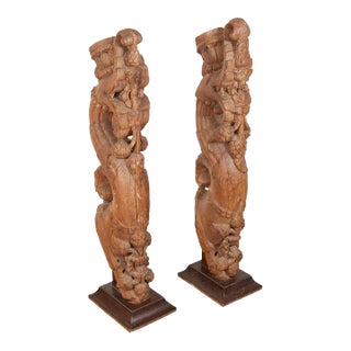 Pair of Antique Indian Carved Wood Architectural Temple Fragments on Stands For Sale