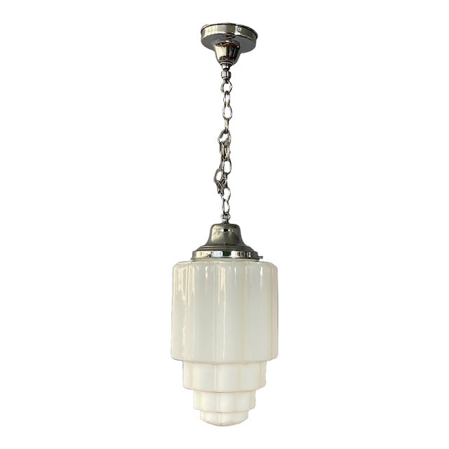 Antique White Wedding Cake Art Deco Hanging Light With Chrome Fittings For Sale