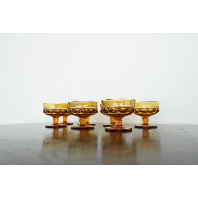 Vintage Indiana Glass Amber King’s Crown Thumbprint Sherbet Glasses - Set of 7 For Sale In Austin - Image 6 of 16