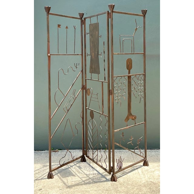 Metal Vintage Iron Abstract Figurative Folding Screen For Sale - Image 7 of 12