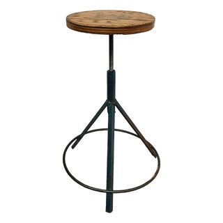 Vintage Industrial Stool With Solid Wood Round Seat and Metal Tripod Base For Sale