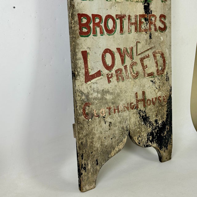American Salvaged Early 20th Century Antique Wood Trade Sign Advertising "Owen Brothers Clothing House", Hand Painted For Sale - Image 3 of 13