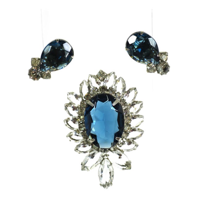 Vintage Designer Juliana Sapphire Crystal Brooch Set 1960s For Sale