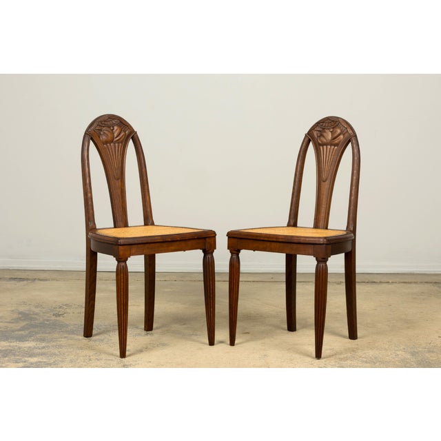 1930s Set of Six French Art Deco Carved Maple & Cane Dining Chairs For Sale - Image 14 of 18