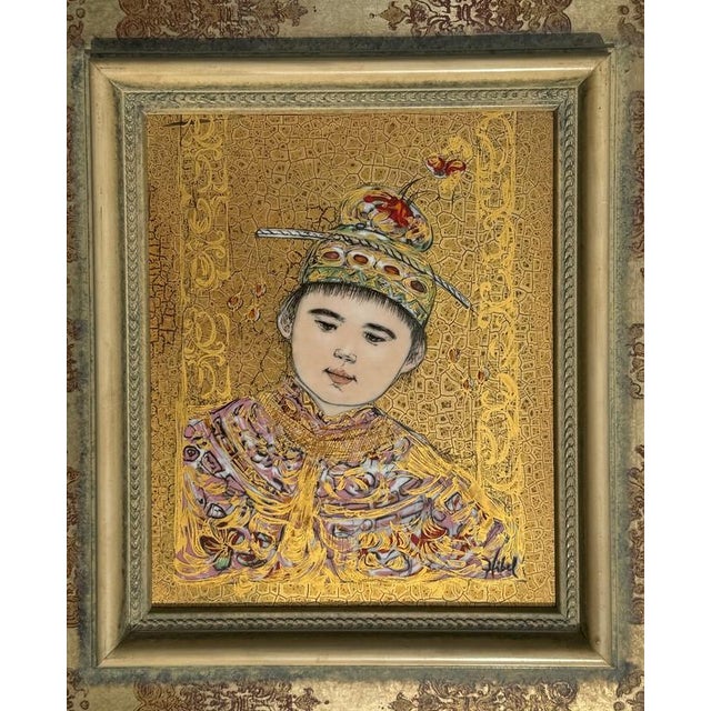 Edna Hibel (MA 1917-2014),"Young Manchu" Custom Framed Lithograph on Porcelain Plaque, embellished with painting, screen...