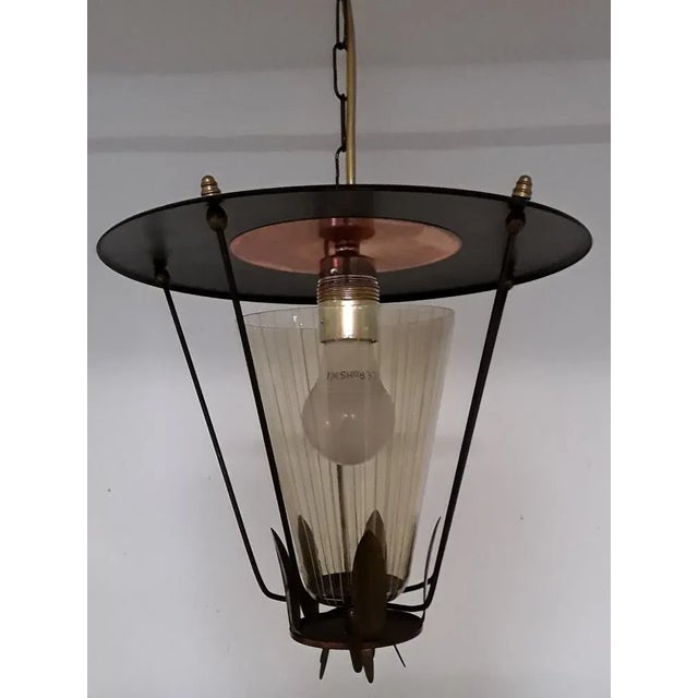 Vintage Lantern Ceiling Lamp in Black Lacquered Iron with Brass and Copper Trim & Open Conical Shade in Tinted Glass,...