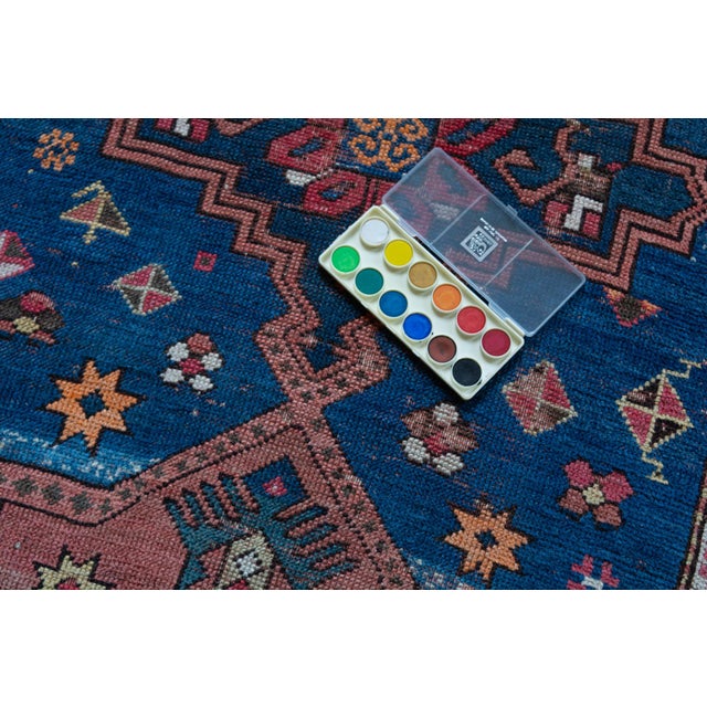 Antique 1920s Armenian Medallion Geometric Floral Abrash Light Blue Orange Terracotta - 3’9” X 6'10" For Sale - Image 4 of 11