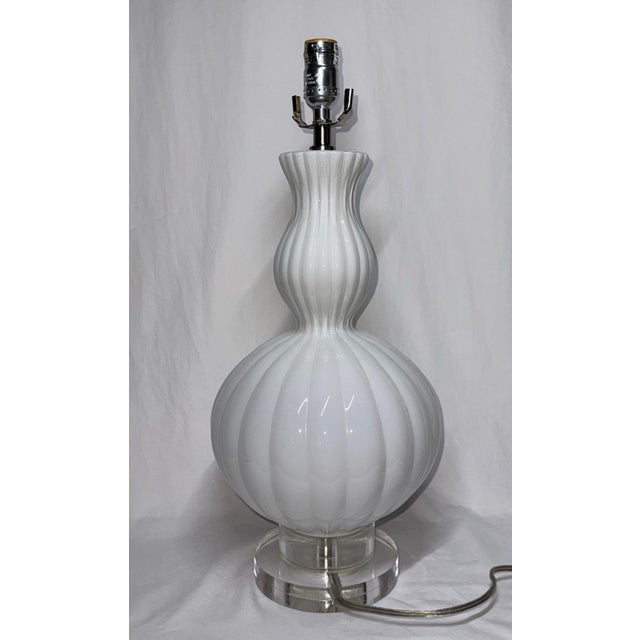 Ribbed White Glass Double Gourd Lamp Lucite Base For Sale - Image 10 of 10