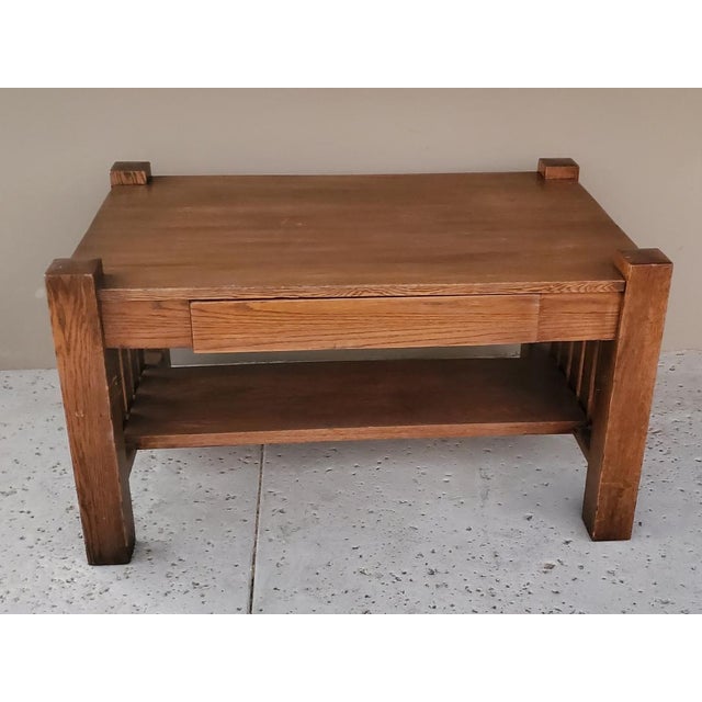 Rare 1900s Antique Mission Oak Craftsmen Library Table With Pullout Writing Desk With Ink Well For Sale - Image 16 of 16