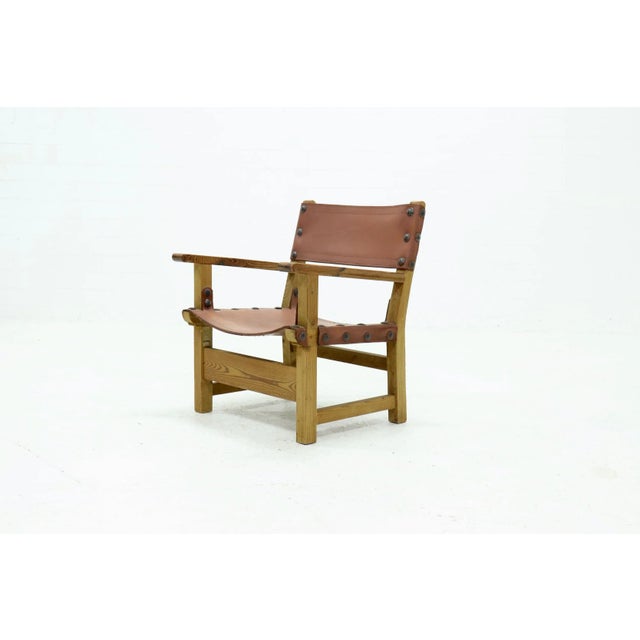 Brutalist Armchair in Pine and Cognac Leather, 1960s For Sale - Image 11 of 11