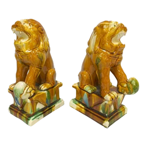Vintage Chinese Sancai Style Glazed Ceramic Foo Dogs Circa 1970's