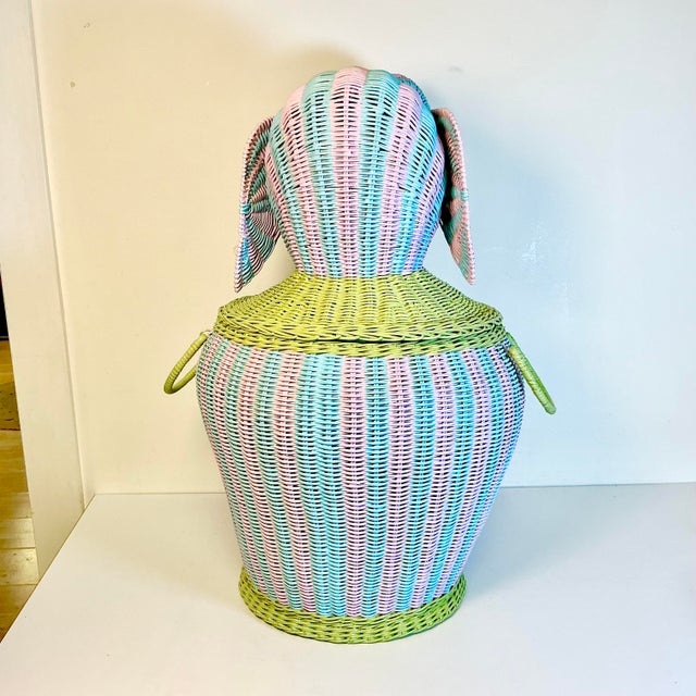 1997 Vintage Boho Chic Coastal Cabana Striped Wicker Elephant Basket Hamper, Signed Jen Lee For Sale - Image 10 of 17