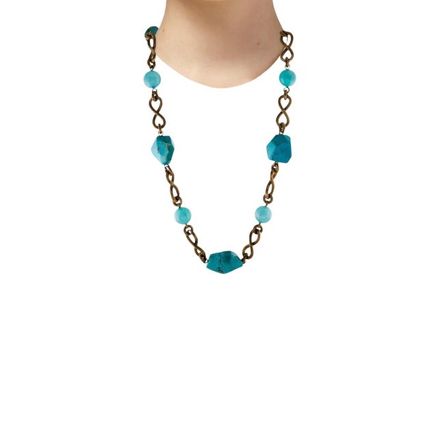 2010 Stephen Dweck Necklace Turquoise Nuggets Aqua Chalcedony 28” Bronze For Sale In Los Angeles - Image 6 of 9